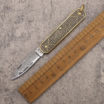 Мини Карманный нож VG10 из Дамасской стали с латунной резьбой на ручке Складной Нож Бытовые Фруктовые ножи для выживания в кемпинге EDC Инструмент