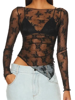 Женские кружевные футболки с цветочным рисунком, топы с длинным рукавом и асимметричным подолом, укороченные футболки, прозрачные черные тонкие футболки, клубная одежда