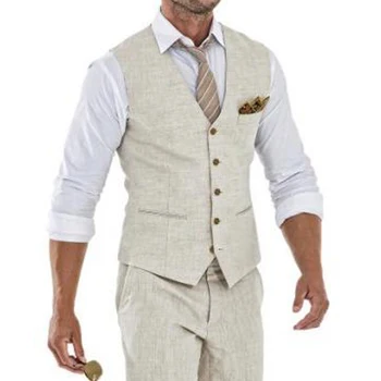 Льняной мужской жилет и брюки для свадьбы, летний костюм-двойка, пальто Wasit, V-образный вырез, сшитый на заказ женихом, Новый модный смокинг, пальто Wasit
