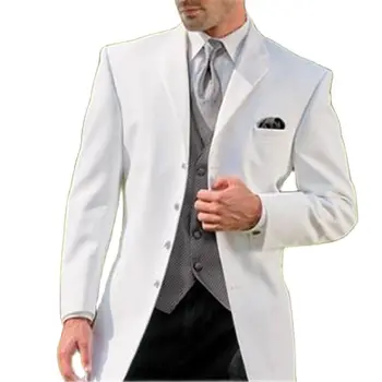 Куртка с лацканами из 3 предметов, Черные брюки, Серый жилет, сшитый на заказ Белый блейзер, брюки, мужские костюмы, одежда для свадебной вечеринки жениха. 0