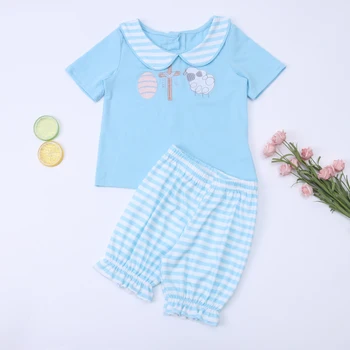 2023, Пасхальный малыш с коротким рукавом для девочки, синий костюм с вышивкой в виде мяча для регби с круглым вырезом, комплект детской летней одежды
