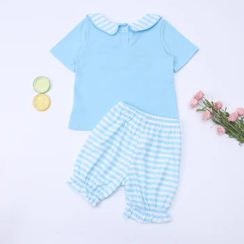 2023, Пасхальный малыш с коротким рукавом для девочки, синий костюм с вышивкой в виде мяча для регби с круглым вырезом, комплект детской летней одежды 1
