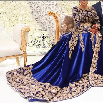 Королевский синий Марокканский кафтан, Мусульманские вечерние платья трапециевидной формы с длинными рукавами, аппликации, Дубай, Арабский, Турция, Абая, Исламское платье