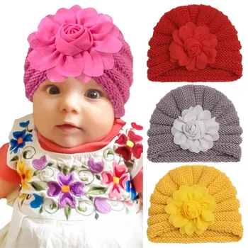 Зимняя новая детская шерстяная шапка в цветочек, детская теплая толстая вязаная шапка, детская шапочка для волос