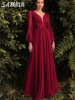 Плиссированные платья для официальных мероприятий трапециевидной формы Vestidos Prom 2023, вечернее платье с V-образным вырезом, шифоновое женское платье с длинным рукавом, женское платье из шифона