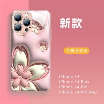 Милый 3D Розовый Цветочный стеклянный Чехол Для Телефона iPhone 14 Pro Max 13 12 11 13promax С Блестками Модный жесткий Противоударный противообрастающий Чехол 2