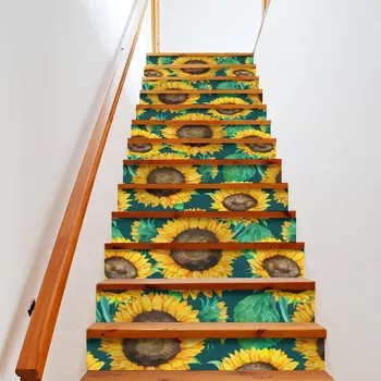 Желтые наклейки на лестницу в виде подсолнуха, картина маслом, цветочные самоклеящиеся наклейки на ступени лестницы, фрески на лестницах с цветочными растениями, домашний декор