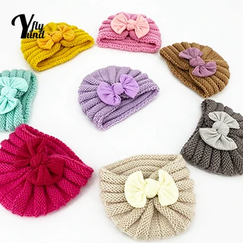 Yundfly, 1 шт, модные шапочки в полоску с бантом ручной работы, Удобные теплые вязаные шерстяные шапочки, Детские головные уборы, подарки на день рождения