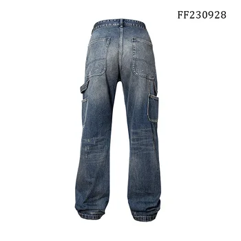 Мужские брюки на осень и зиму, винтажная рабочая одежда в тяжелом весе, потертая, выстиранная, свободного кроя, джинсы с прямыми штанинами для мужчин 1