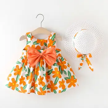 Новая одежда Для девочек от 0 до 3 лет, летнее хлопковое новое платье для девочек со шляпой в цветочную полоску, принцесса 73-100, детская одежда с цветочным рисунком для малышей