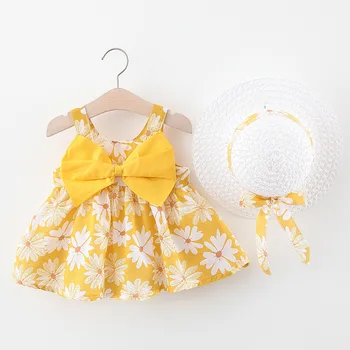 Новая одежда Для девочек от 0 до 3 лет, летнее хлопковое новое платье для девочек со шляпой в цветочную полоску, принцесса 73-100, детская одежда с цветочным рисунком для малышей 1