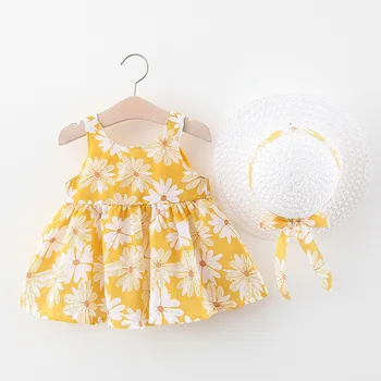 Новая одежда Для девочек от 0 до 3 лет, летнее хлопковое новое платье для девочек со шляпой в цветочную полоску, принцесса 73-100, детская одежда с цветочным рисунком для малышей 2
