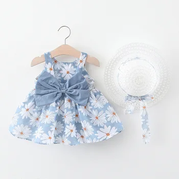 Новая одежда Для девочек от 0 до 3 лет, летнее хлопковое новое платье для девочек со шляпой в цветочную полоску, принцесса 73-100, детская одежда с цветочным рисунком для малышей 3