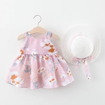 Новая одежда Для девочек от 0 до 3 лет, летнее хлопковое новое платье для девочек со шляпой в цветочную полоску, принцесса 73-100, детская одежда с цветочным рисунком для малышей 5