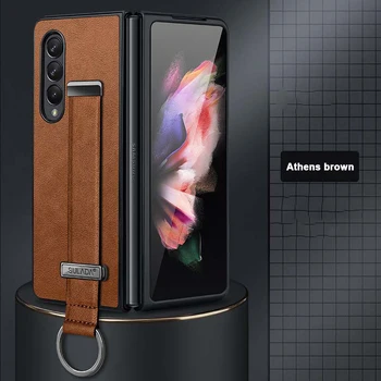 Тонкий кожаный чехол для Samsung Galaxy Z Fold 5 4 3 2 с браслетом, ремешком для рук, подставкой, металлическим кольцом, защитным чехлом для объектива камеры