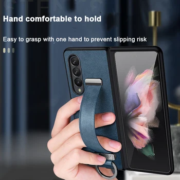 Тонкий кожаный чехол для Samsung Galaxy Z Fold 5 4 3 2 с браслетом, ремешком для рук, подставкой, металлическим кольцом, защитным чехлом для объектива камеры 3