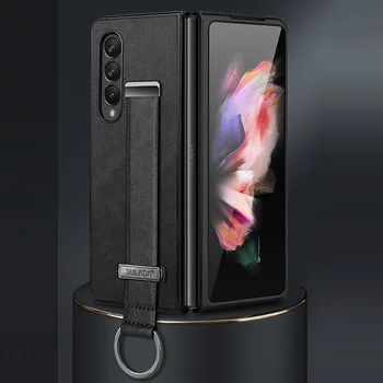 Тонкий кожаный чехол для Samsung Galaxy Z Fold 5 4 3 2 с браслетом, ремешком для рук, подставкой, металлическим кольцом, защитным чехлом для объектива камеры 5