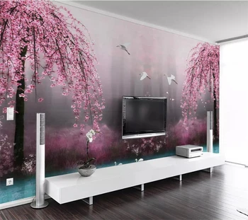 обои wellyu на заказ papel de parede 3d фотообои Красивая мечта Розовая вишня Лебединое озеро Пейзаж Обои для телевизора