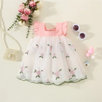 Летнее платье на подтяжках для девочек, маленькая юбка принцессы в стиле пэчворк с развевающимися рукавами, расшитая сеткой