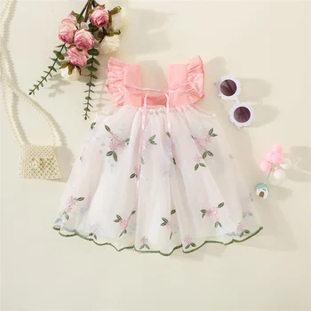 Летнее платье на подтяжках для девочек, маленькая юбка принцессы в стиле пэчворк с развевающимися рукавами, расшитая сеткой 1