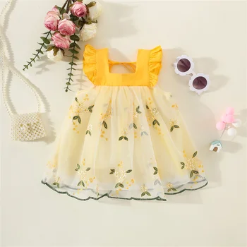 Летнее платье на подтяжках для девочек, маленькая юбка принцессы в стиле пэчворк с развевающимися рукавами, расшитая сеткой 2