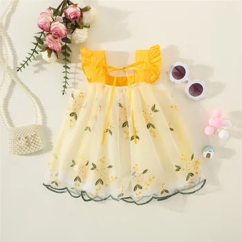 Летнее платье на подтяжках для девочек, маленькая юбка принцессы в стиле пэчворк с развевающимися рукавами, расшитая сеткой 3