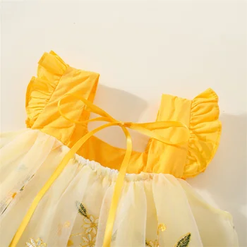 Летнее платье на подтяжках для девочек, маленькая юбка принцессы в стиле пэчворк с развевающимися рукавами, расшитая сеткой 4