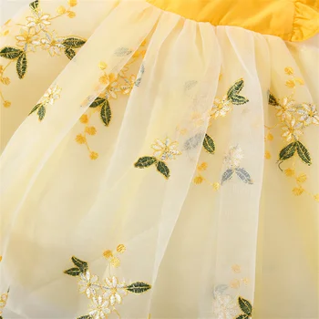 Летнее платье на подтяжках для девочек, маленькая юбка принцессы в стиле пэчворк с развевающимися рукавами, расшитая сеткой 5