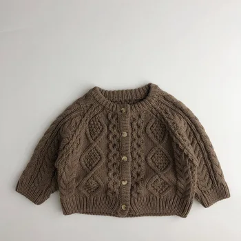 Осень-Зима, Новый детский свитер, Вязаный утепленный кардиган для маленьких девочек, пальто для мальчиков, Однотонный повседневный трикотаж, Теплая детская свободная куртка 5