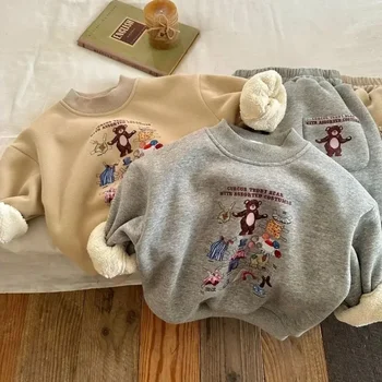 Зимние плюшевые теплые детские комплекты 2023 года, милый медведь, толстый плюшевый свитер для девочек и мальчиков, брюки с мультяшным принтом, 2 предмета, Повседневные детские кроватки 3
