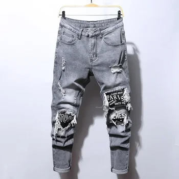 Мужские джинсы с вышивкой, мужские хлопковые Эластичные Рваные узкие джинсы, высококачественные джинсовые брюки в стиле хип-хоп с черной дырой, облегающие джинсовые брюки оверсайз