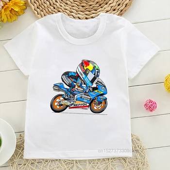 2022 Футболки с героями мультфильмов о мотогонках для милых мальчиков, детская белая футболка с коротким рукавом, летняя модная детская футболка для прыжков на мотоцикле 0
