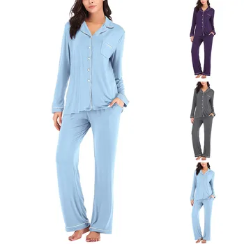 Пижама из двух частей для женщин, женская однотонная хлопковая пижама с длинным рукавом, облегающая домашняя одежда, топы, комплект со штанами, пижама в клетку, пижамы для сна