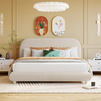 Кровать-платформа с мягкой обивкой из плюшевого флиса размера Queen Size из толстой ткани, прочный каркас и стильный изогнутый дизайн, бежевый