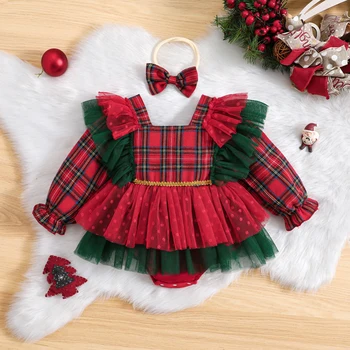 Рождественская одежда для новорожденных девочек, платье-комбинезон с длинными рукавами и оборками, комбинезон с повязкой на голове, комплект одежды