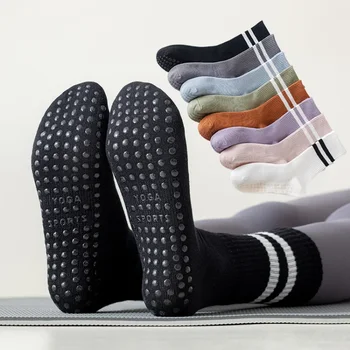 Хлопчатобумажные носки для йоги на батуте, силиконовые женские носки для фитнеса, штанга, Пилатес, тренажерный зал, спортивные противоскользящие танцевальные носки для йоги