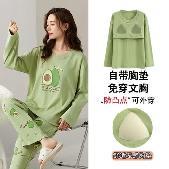 Женский пижамный комплект из 100% хлопка, весенне-осенняя пижама для отдыха с длинным рукавом и накладкой на грудь