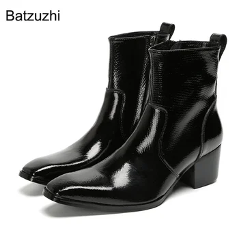 Мужские ботинки Batzuzhi на высоком каблуке 6,5 см, черные ботильоны из натуральной кожи, Мужские рыцарские ботинки на молнии для мужчин, большой размер EU38-47!