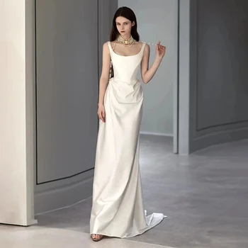 Простые изящные свадебные платья Для женщин, свадебные платья с квадратным воротником, атласные платья-футляры для официальной вечеринки Vestidos De Novia 2023 3