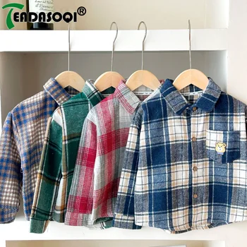 Детская рубашка в клетку от 2 до 9 лет, одежда для мальчиков и девочек, осень-зима, однобортный кардиган с длинными рукавами и лацканами, базовая футболка 0