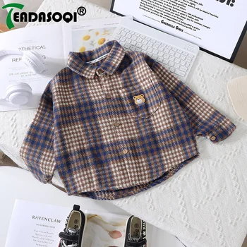 Детская рубашка в клетку от 2 до 9 лет, одежда для мальчиков и девочек, осень-зима, однобортный кардиган с длинными рукавами и лацканами, базовая футболка 3