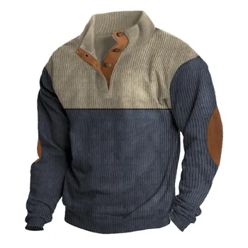 Мужская толстовка с новым воротником-стойкой, модный контрастный пуловер с длинными рукавами, повседневная уличная вельветовая толстовка на пуговицах 2024