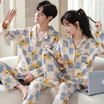 Хлопковая женская мужская корейская пижама, весенняя домашняя одежда, кардиган, Осенняя модная одежда для отдыха 2023, Длинный комплект для пары 1