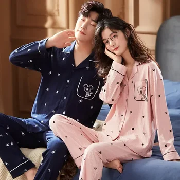 Хлопковая женская мужская корейская пижама, весенняя домашняя одежда, кардиган, Осенняя модная одежда для отдыха 2023, Длинный комплект для пары 3