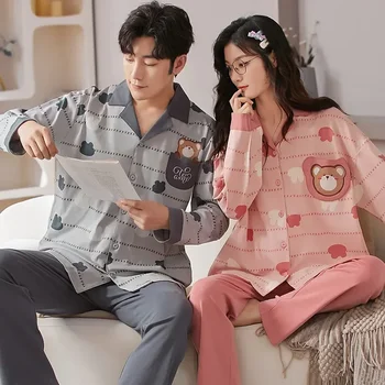Хлопковая женская мужская корейская пижама, весенняя домашняя одежда, кардиган, Осенняя модная одежда для отдыха 2023, Длинный комплект для пары 4
