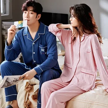 Хлопковая женская мужская корейская пижама, весенняя домашняя одежда, кардиган, Осенняя модная одежда для отдыха 2023, Длинный комплект для пары 5