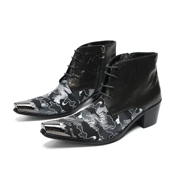 Роскошные мужские ботинки ручной работы с металлическим носком, черные кожаные ботильоны с принтом, мужские ботинки на шнуровке для рок-вечеринок и свадеб 0