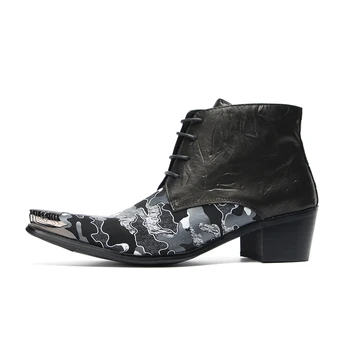 Роскошные мужские ботинки ручной работы с металлическим носком, черные кожаные ботильоны с принтом, мужские ботинки на шнуровке для рок-вечеринок и свадеб 1