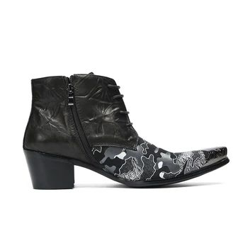 Роскошные мужские ботинки ручной работы с металлическим носком, черные кожаные ботильоны с принтом, мужские ботинки на шнуровке для рок-вечеринок и свадеб 2