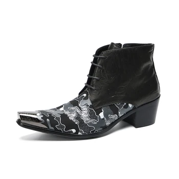 Роскошные мужские ботинки ручной работы с металлическим носком, черные кожаные ботильоны с принтом, мужские ботинки на шнуровке для рок-вечеринок и свадеб 3